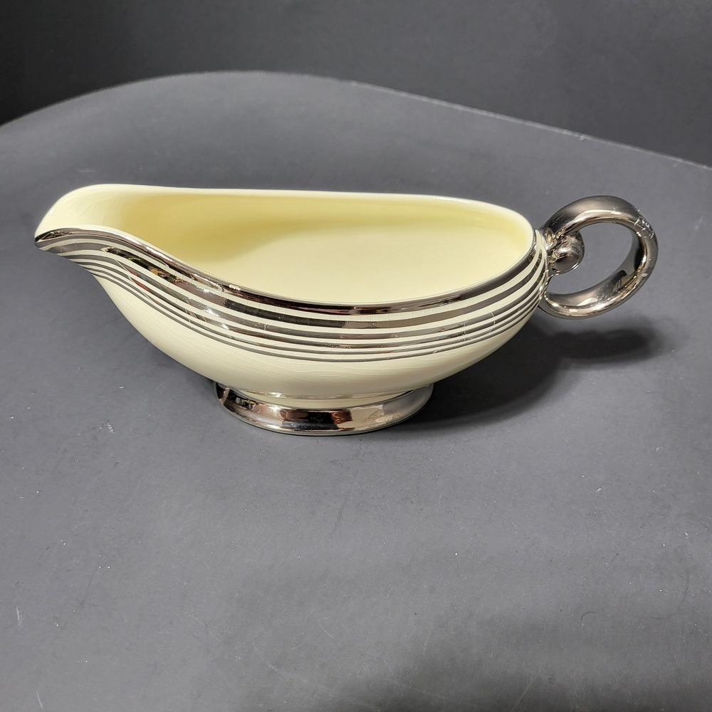 VTG Taylor Smith Taylor Cream Gravy Boat Silver Platinum Stripes 4495 USA‎